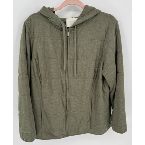 Sigrid Olsen Olive Green Quilted Zip-Up Hoodie Jacket With Drawstring Hood - Picture 2 of 9